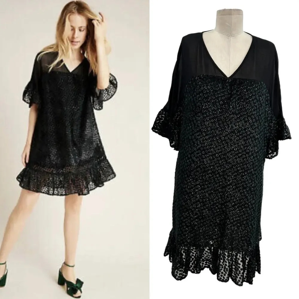 Anthropologie Amadi Lucinda Dress Textured Dot Metallic Black Green Size Large